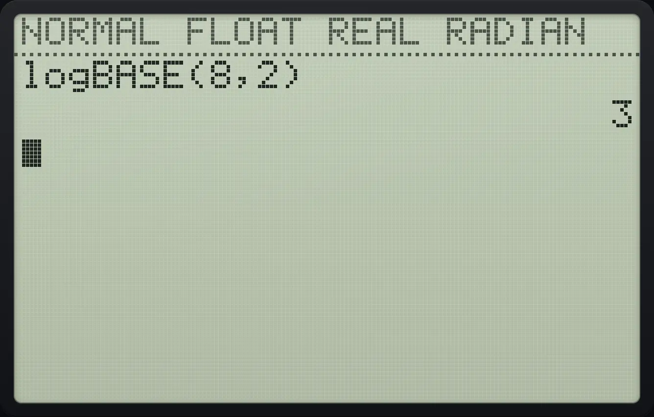 Result of the example "A logarithm in any base" The display shows: logBASE(8,2) / 3.
