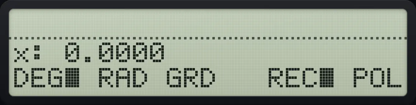 MODES page 1: DEG, RAD, GRD, then REC and POL. The display shows: x: 0.0000 / DEG■ RAD GRD   REC■ POL.