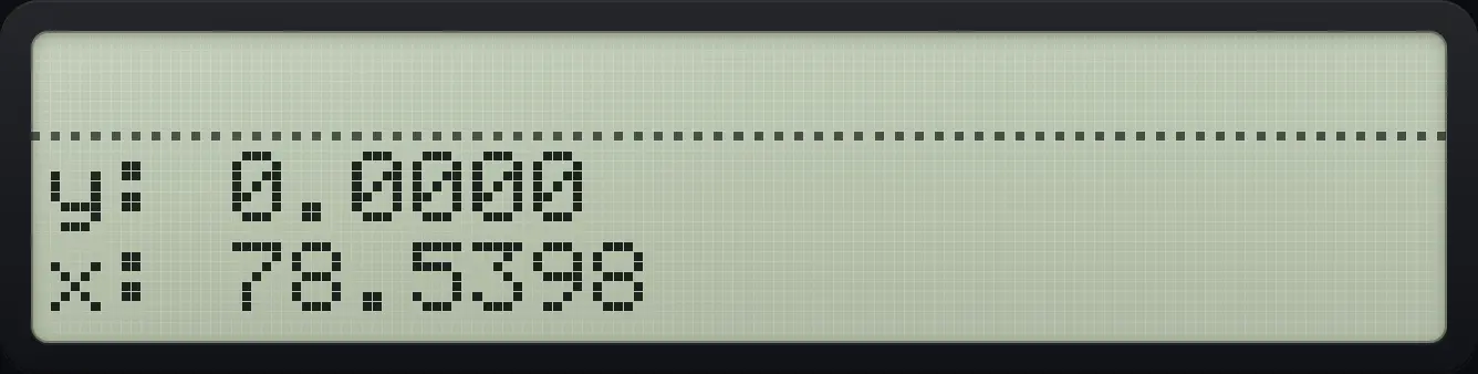 Result of the example "Choose the program from the XEQ menu" The display shows: y: 0.0000 / x: 78.5398.