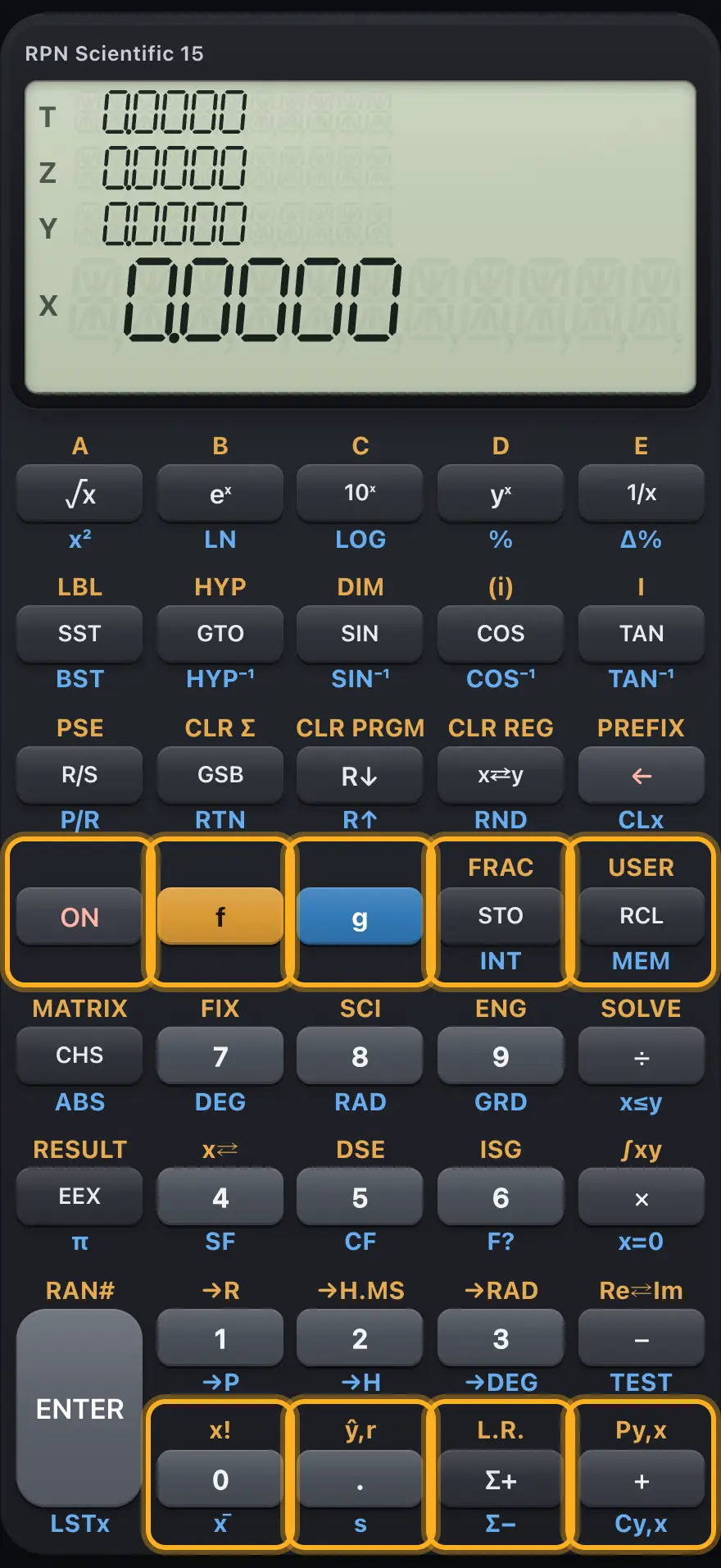 Bottom row keys. The display shows: 0.0000 / 0.0000 / 0.0000 / 0.0000.