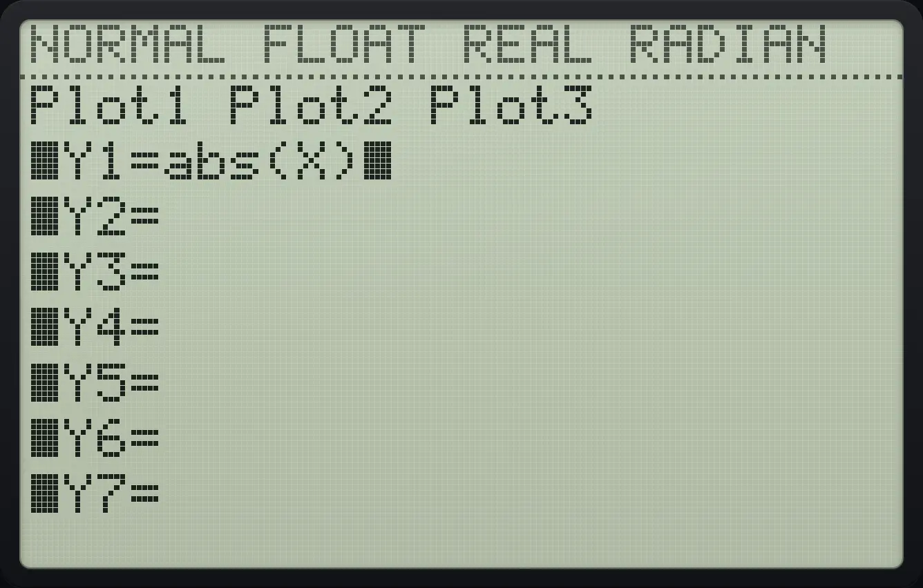 Result of the example "Paste a function from a menu" The display shows: Plot1 Plot2 Plot3 / ■Y1=abs(X) / ■Y2= / ■Y3= / ■Y4= / ■Y5= / ■Y6= / ■Y7=.