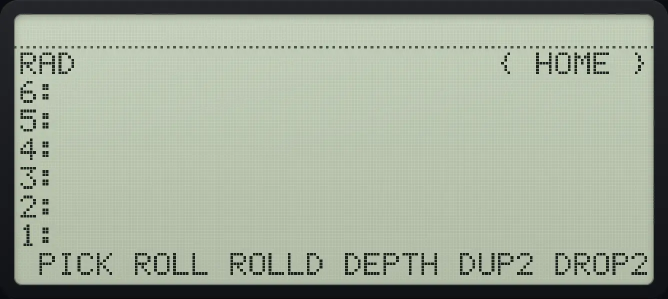 STACK page 2: PICK, ROLL, ROLLD, DEPTH, DUP2, DROP2. The display shows: RAD { HOME } / 6: / 5: / 4: / 3: / 2: / 1: / PICK ROLL ROLLD DEPTH DUP2 DROP2.