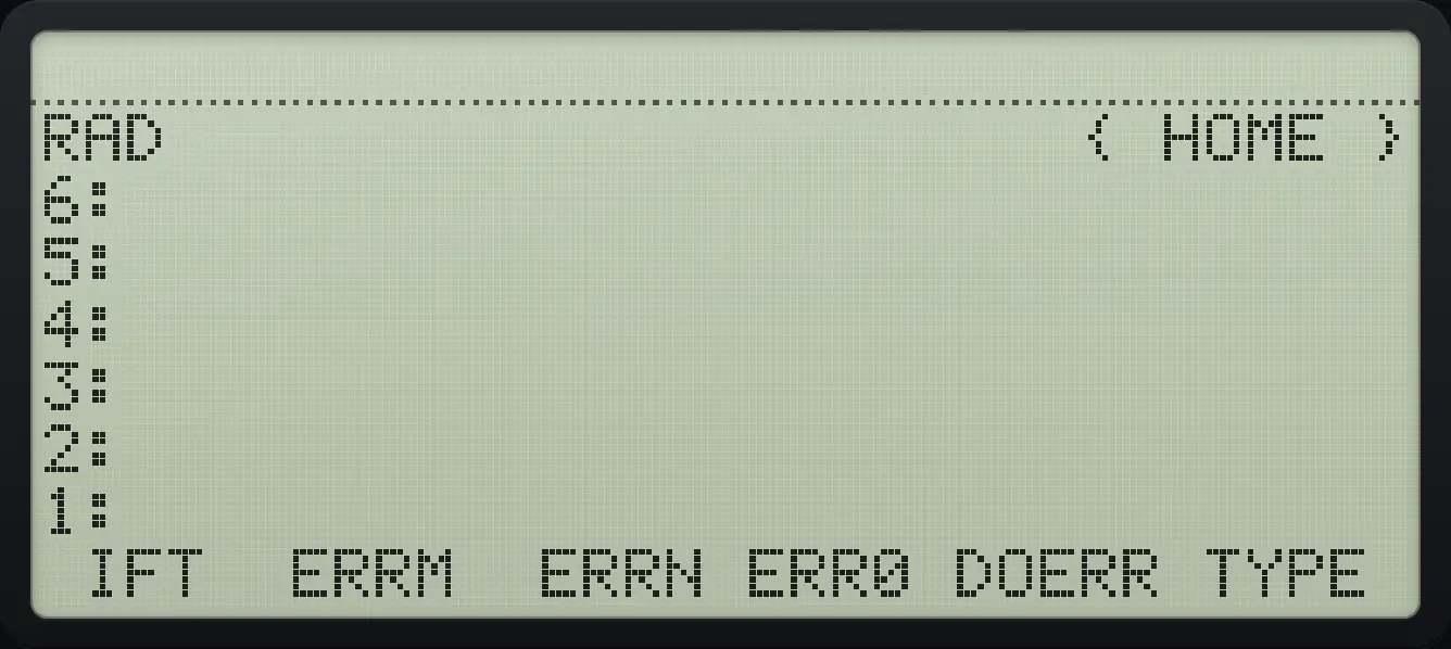 PRG page 4. The display shows: RAD { HOME } / 6: / 5: / 4: / 3: / 2: / 1: / IFT ERRM ERRN ERR0 DOERR TYPE .