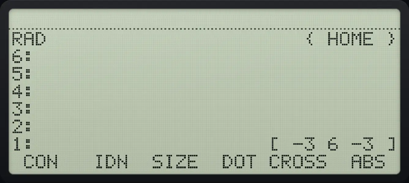 Result of the example "Cross product" The display shows: RAD                      { HOME } / 6: / 5: / 4: / 3: / 2: / 1:                    [ -3 6 -3 ] /  CON   IDN  SIZE  DOT CROSS  ABS .