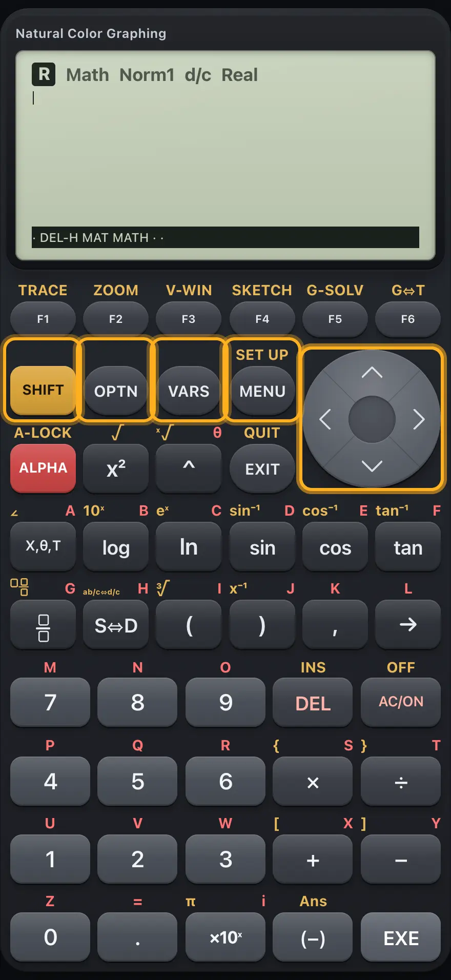 The control keys The display shows: · DEL-H MAT MATH · ·.