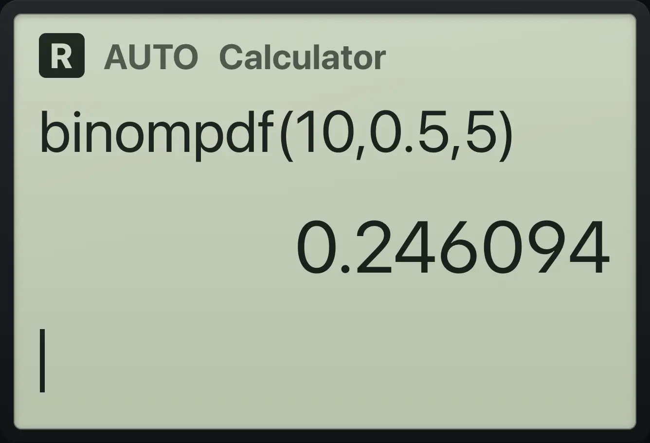Result of the example "Binomial exactly 5" The display shows: binompdf(10,0.5,5) / 0.246094.