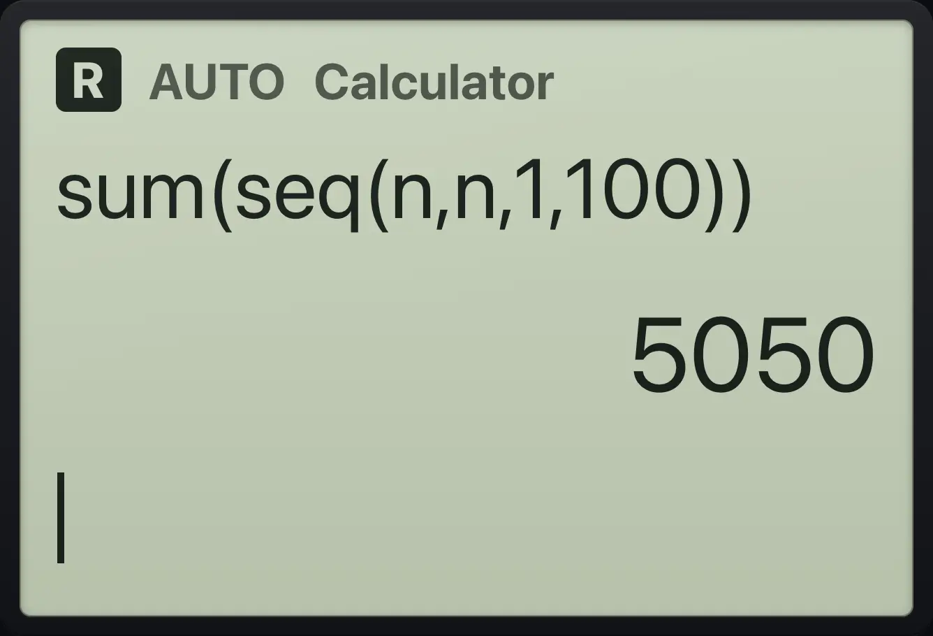 Result of the example "Sum with seq" The display shows: sum(seq(n,n,1,100)) / 5050.