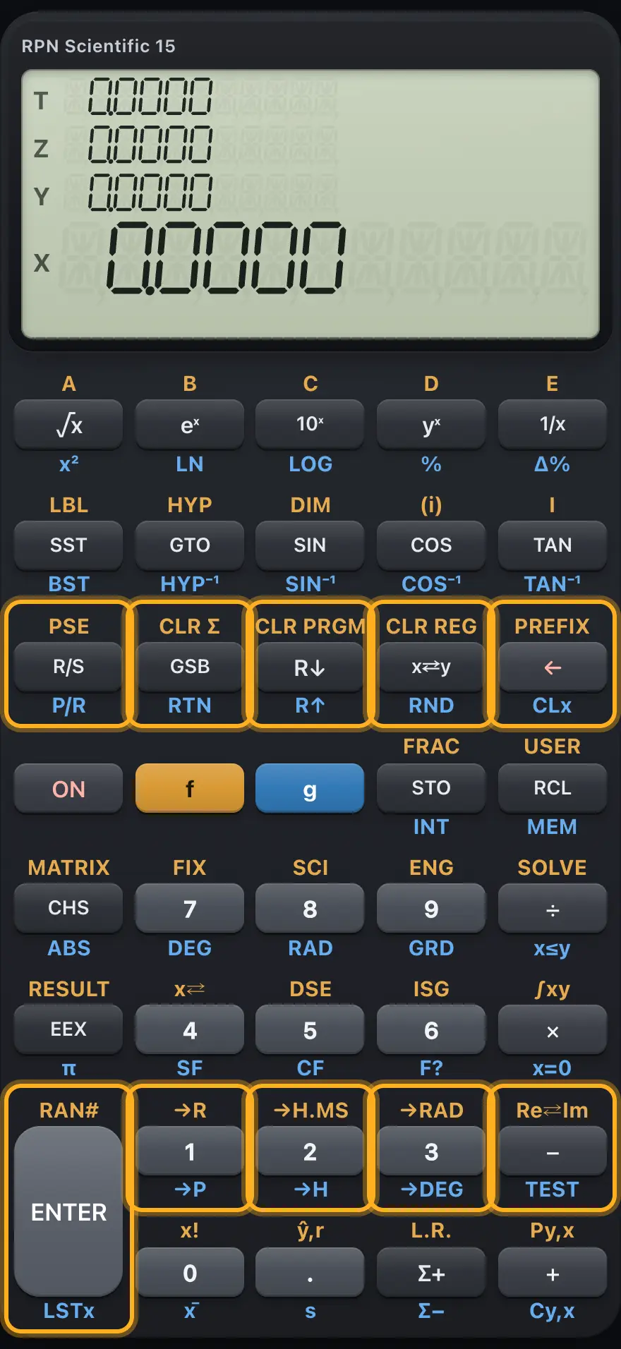 Third row keys. The display shows: 0.0000 / 0.0000 / 0.0000 / 0.0000.