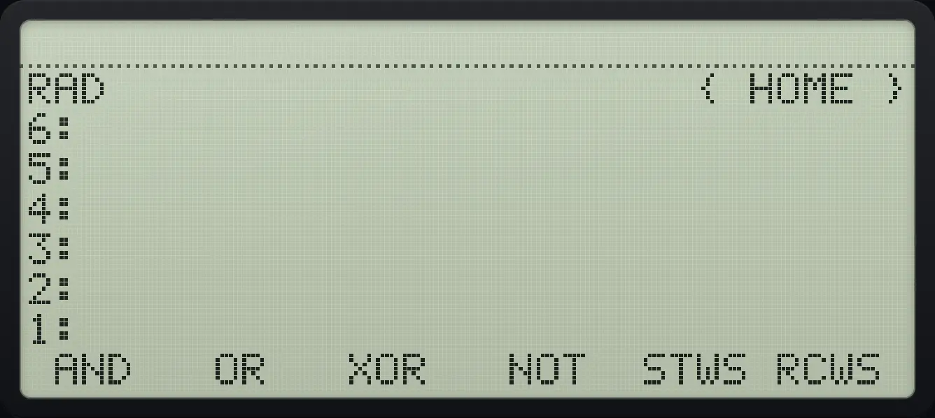 BASE page 2: AND, OR, XOR, NOT, STWS, RCWS. The display shows: RAD { HOME } / 6: / 5: / 4: / 3: / 2: / 1: / AND OR XOR NOT STWS RCWS .