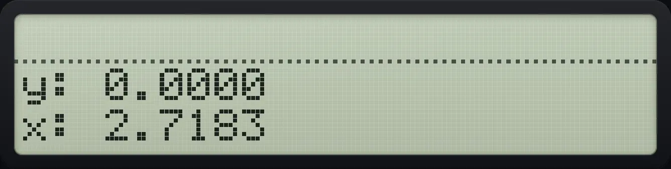 Result of the example "The number e" The display shows: y: 0.0000 / x: 2.7183.
