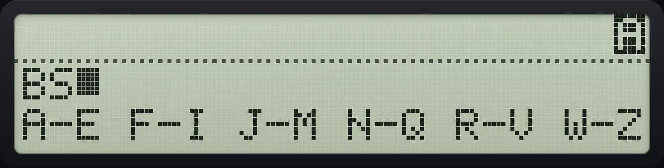 Result of the example "Type a short word" The display shows: BS_ / A-E F-I J-M N-Q R-V W-Z.