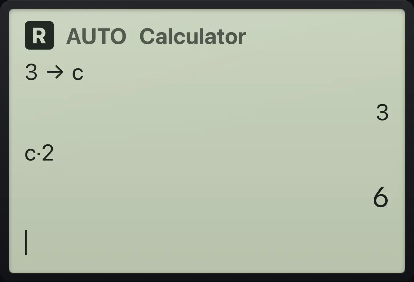 Result of the example "Store with the arrow" The display shows: 3→c / 3 / c·2 / 6.