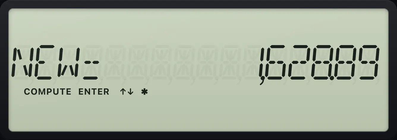 Result of the example "Grow 1,000 at 5% over 10 periods" The display shows: NEW=      1,628.89.