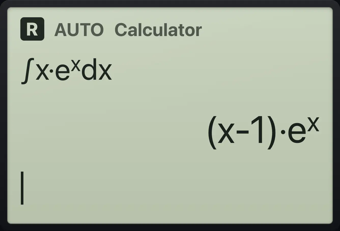 Result of the example "Integration by parts" The display shows: ∫(x·e^x)dx / (x-1)·e^x.