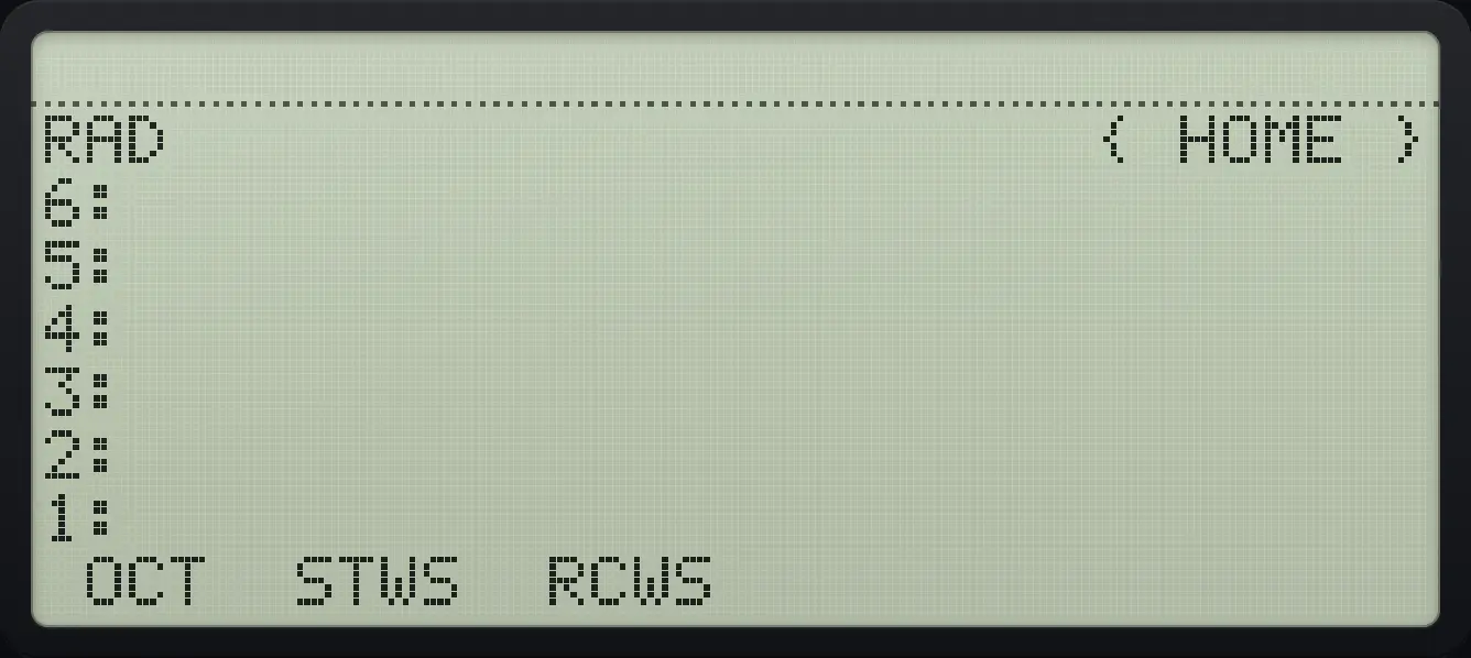 MODE page 3: OCT, STWS and RCWS. The display shows: RAD { HOME } / 6: / 5: / 4: / 3: / 2: / 1: / OCT STWS RCWS .