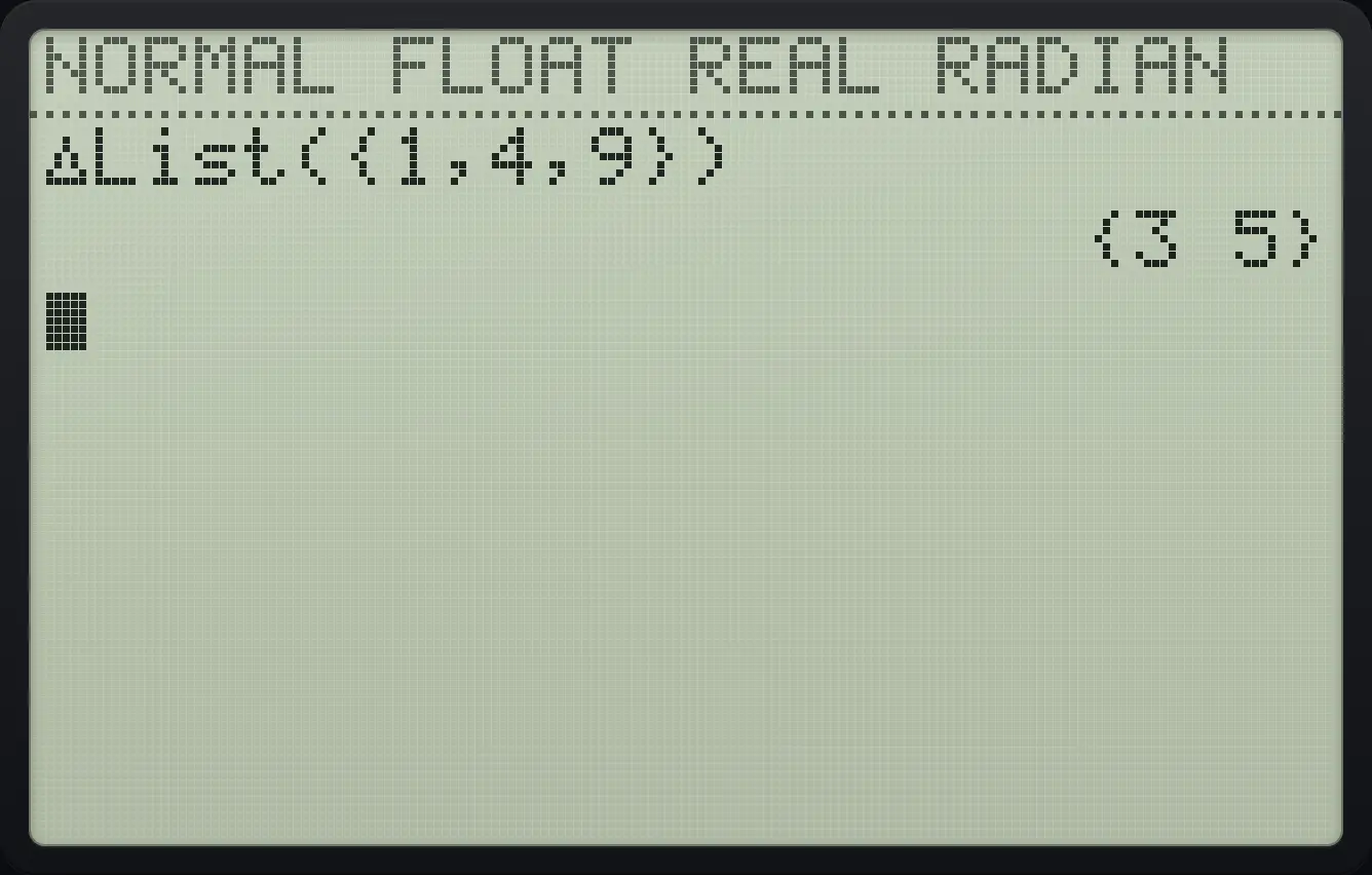Result of the example "Differences between neighbours" The display shows: ΔList({1,4,9}) / {3 5}.