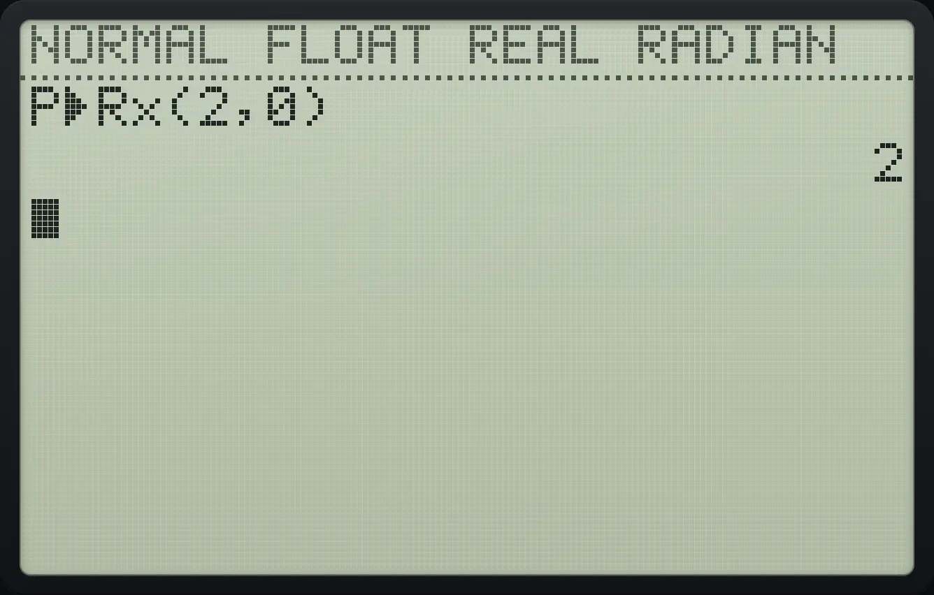 Result of the example "Rectangular x from r and θ" The display shows: P►Rx(2,0) / 2.