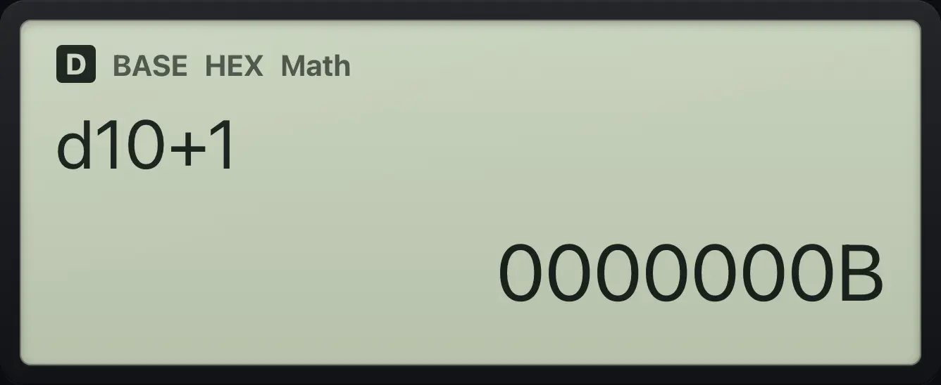 Result of the example "Mark a number as decimal inside HEX" The display shows: d10+1 / 0000000B.