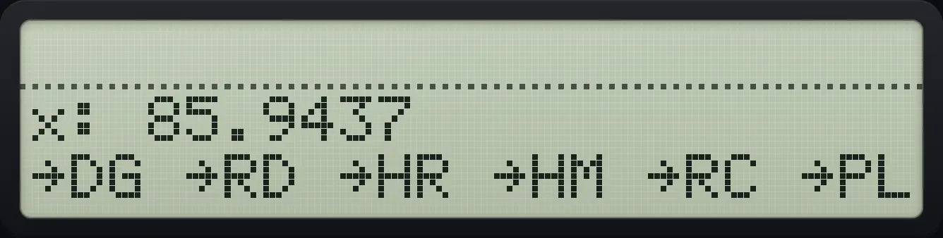 Result of the example "Convert radians to degrees" The display shows: x: 85.9437 / →DG →RD →HR →HM →RC →PL.