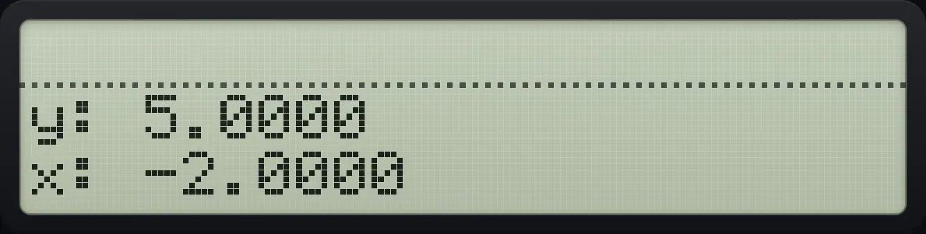Result of the example "Recall with subtraction: X minus a register" The display shows: y: 5.0000 / x: -2.0000.