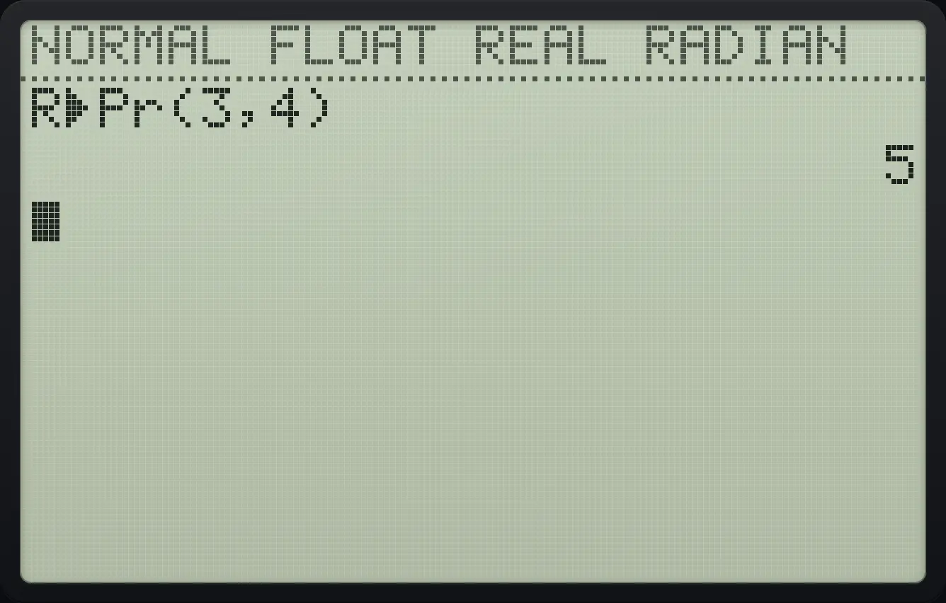 Result of the example "Radius of the point (3, 4)" The display shows: R►Pr(3,4) / 5.