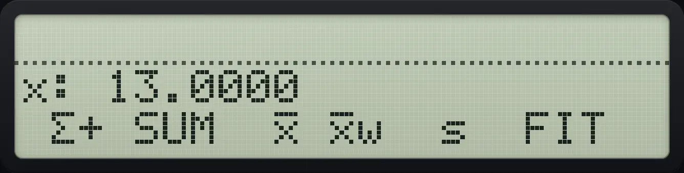 Result of the example "Sum of x" The display shows: x: 13.0000 / Σ+ SUM x̄ x̄w s FIT.