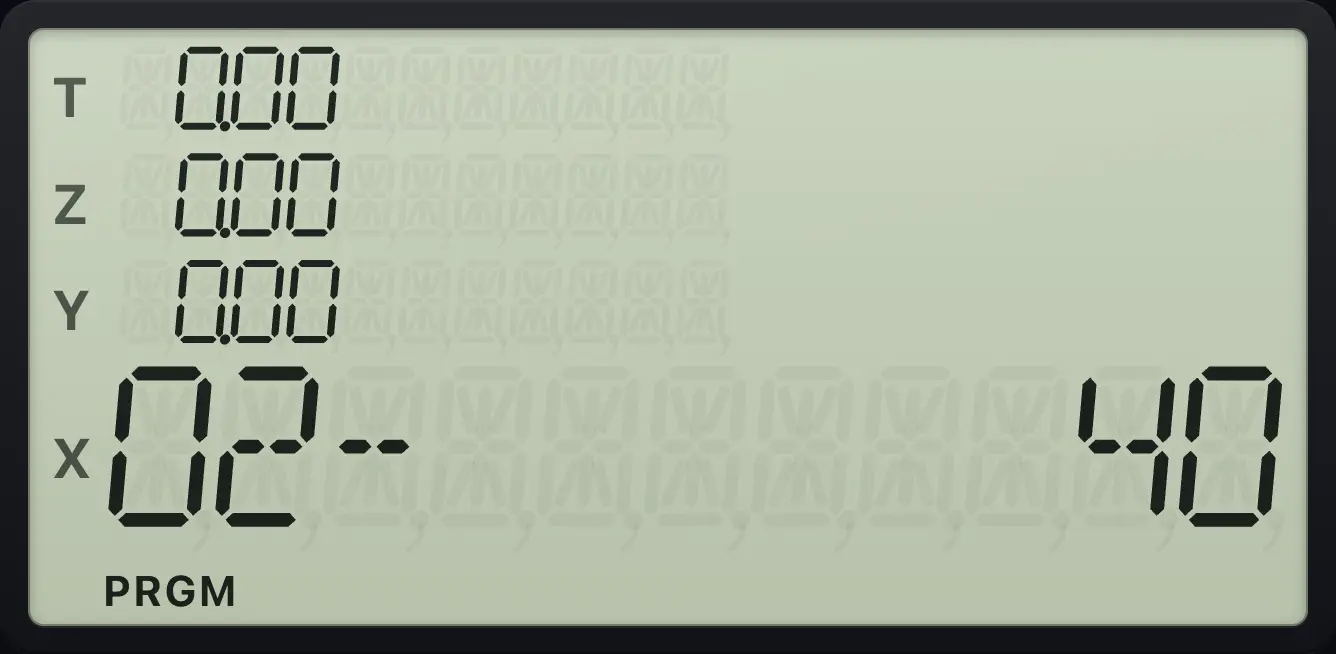 Result of the example "Step in program mode" The display shows: 02- 40 / 0.00 / 0.00 / 0.00 / 0.00.