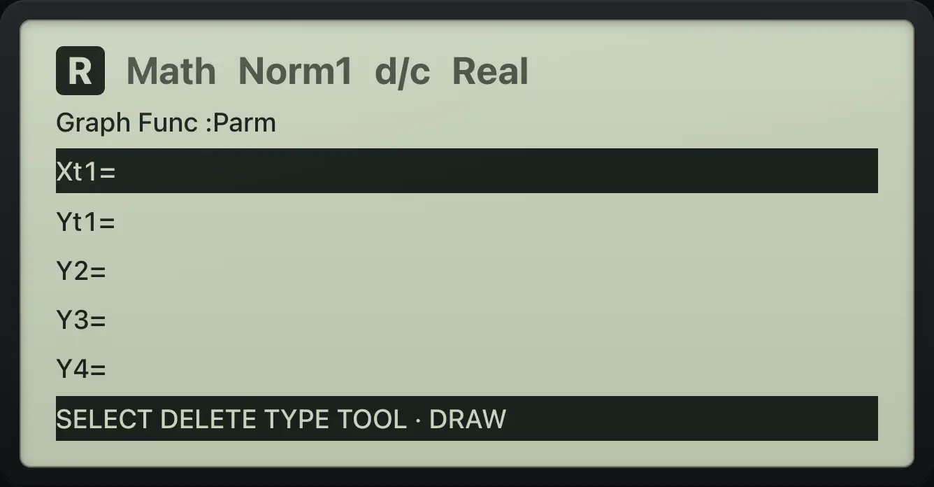 Result of the example "Parametric lines" The display shows: Graph Func :Parm / Xt1= / Yt1= / Y2= / Y3= / Y4= / SELECT DELETE TYPE TOOL · DRAW.