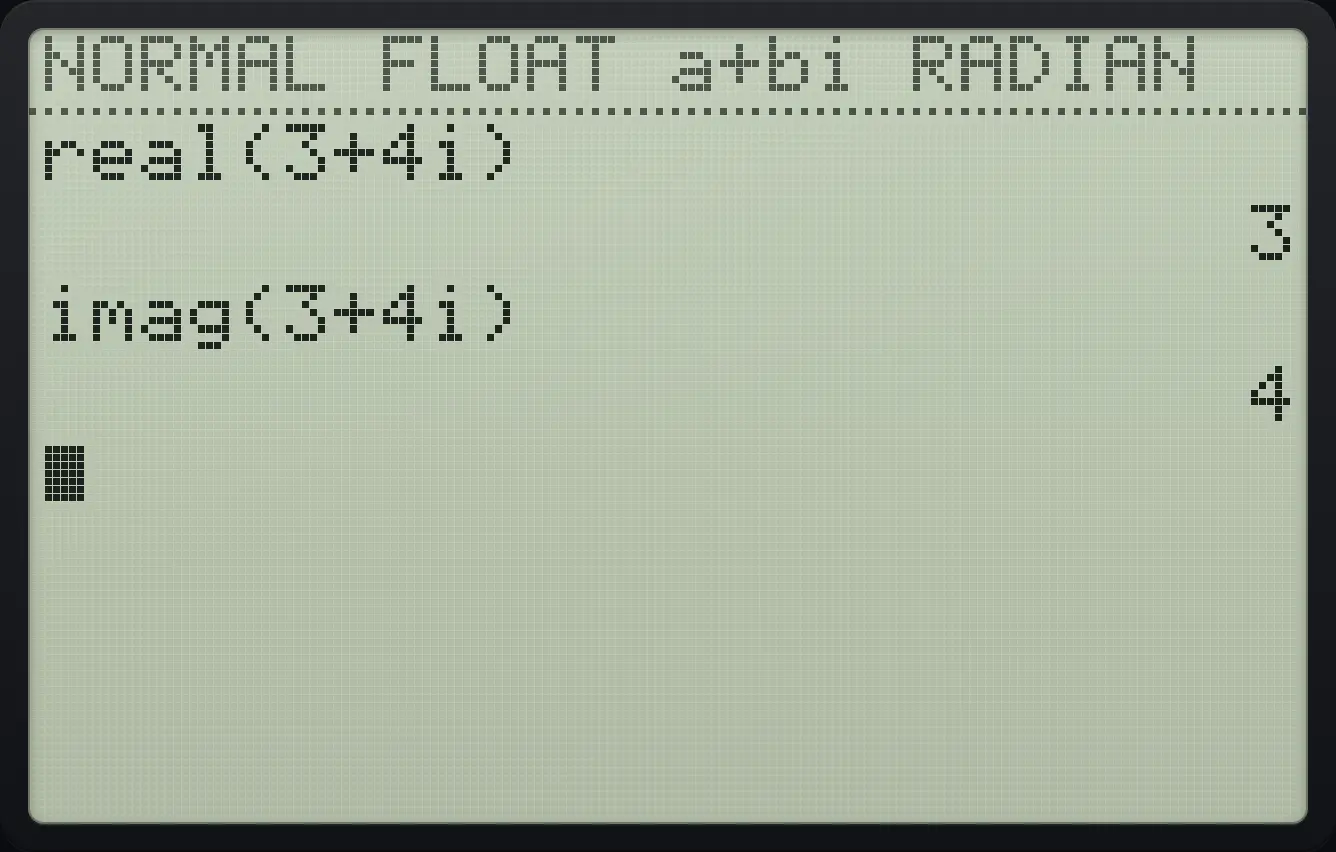 Result of the example "Real part and imaginary part" The display shows: real(3+4i) / 3 / imag(3+4i) / 4.