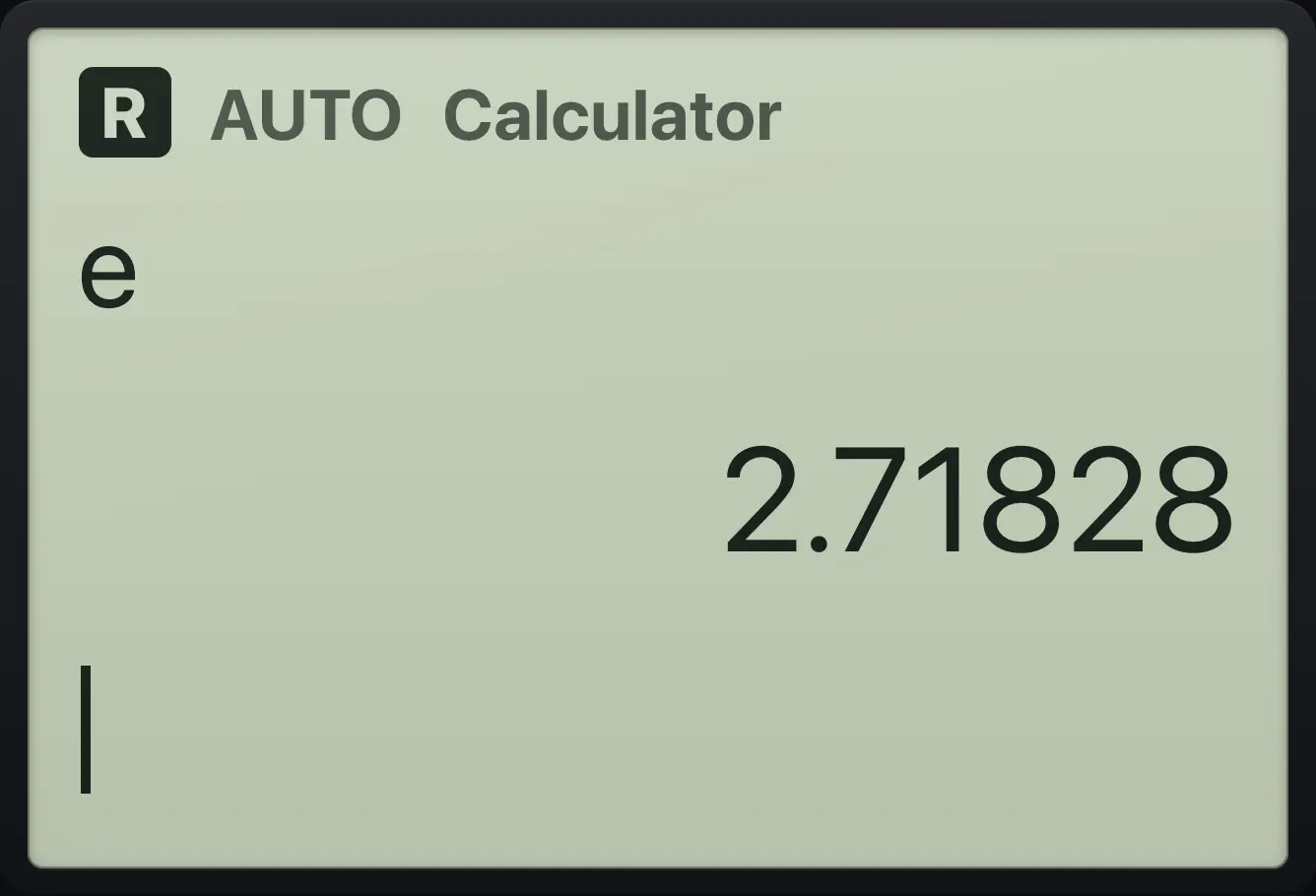 Result of the example "Euler number as a decimal" The display shows: e / 2.71828.
