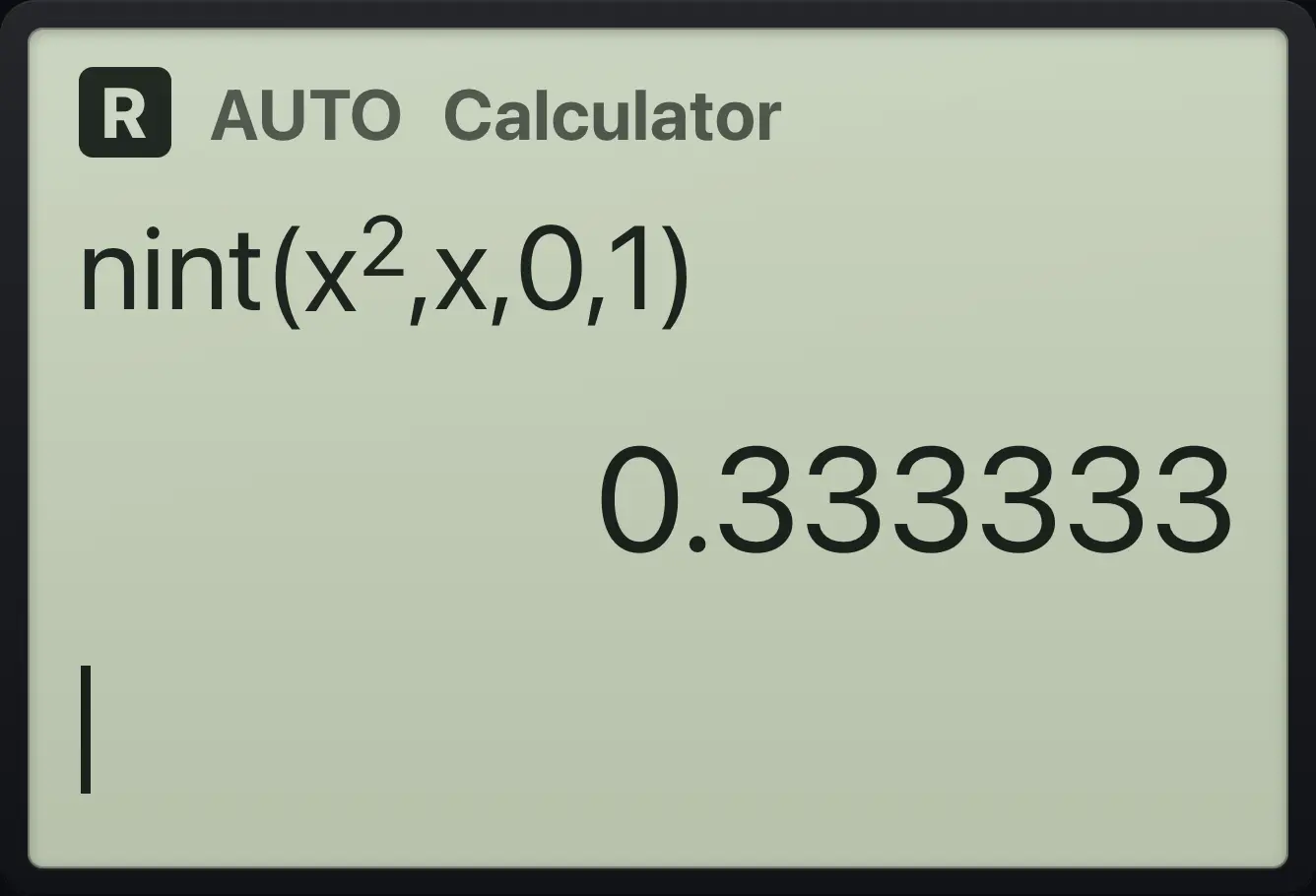 Result of the example "Numeric integral" The display shows: nint(x^2,x,0,1) / 0.333333.