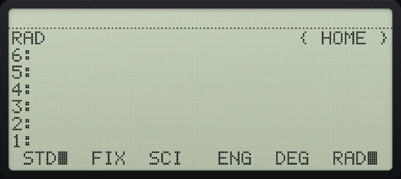 MODE page 1: STD, FIX, SCI, ENG, DEG, RAD. The display shows: RAD { HOME } / 6: / 5: / 4: / 3: / 2: / 1: / STD■ FIX SCI ENG DEG RAD■ .