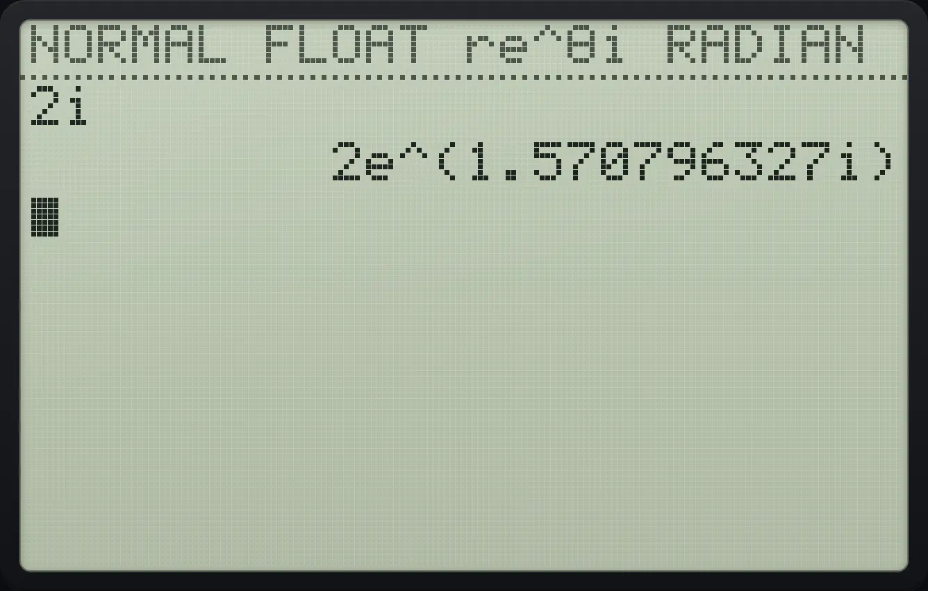 Result of the example "Polar form of a complex number" The display shows: 2i / 2e^(1.570796327i).