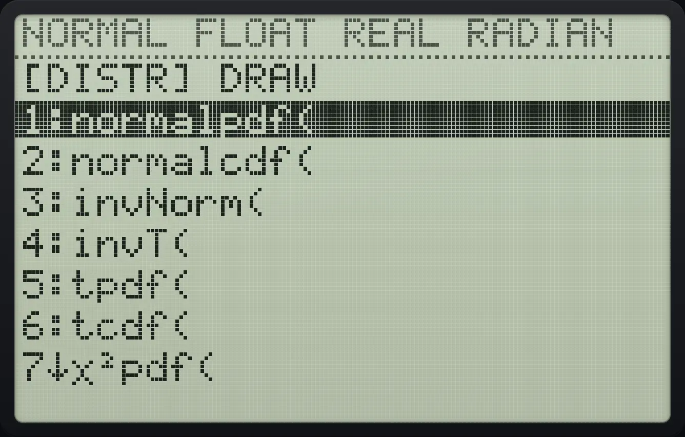 The DISTR menu. The display shows: [DISTR] DRAW / 1:normalpdf( / 2:normalcdf( / 3:invNorm( / 4:invT( / 5:tpdf( / 6:tcdf( / 7↓χ²pdf(.