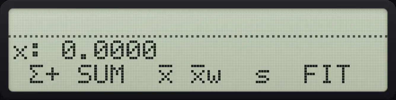 The STAT menu: Σ+, SUM, mean, weighted mean, standard deviation and FIT. The display shows: x: 0.0000 / Σ+ SUM x̄ x̄w s FIT.