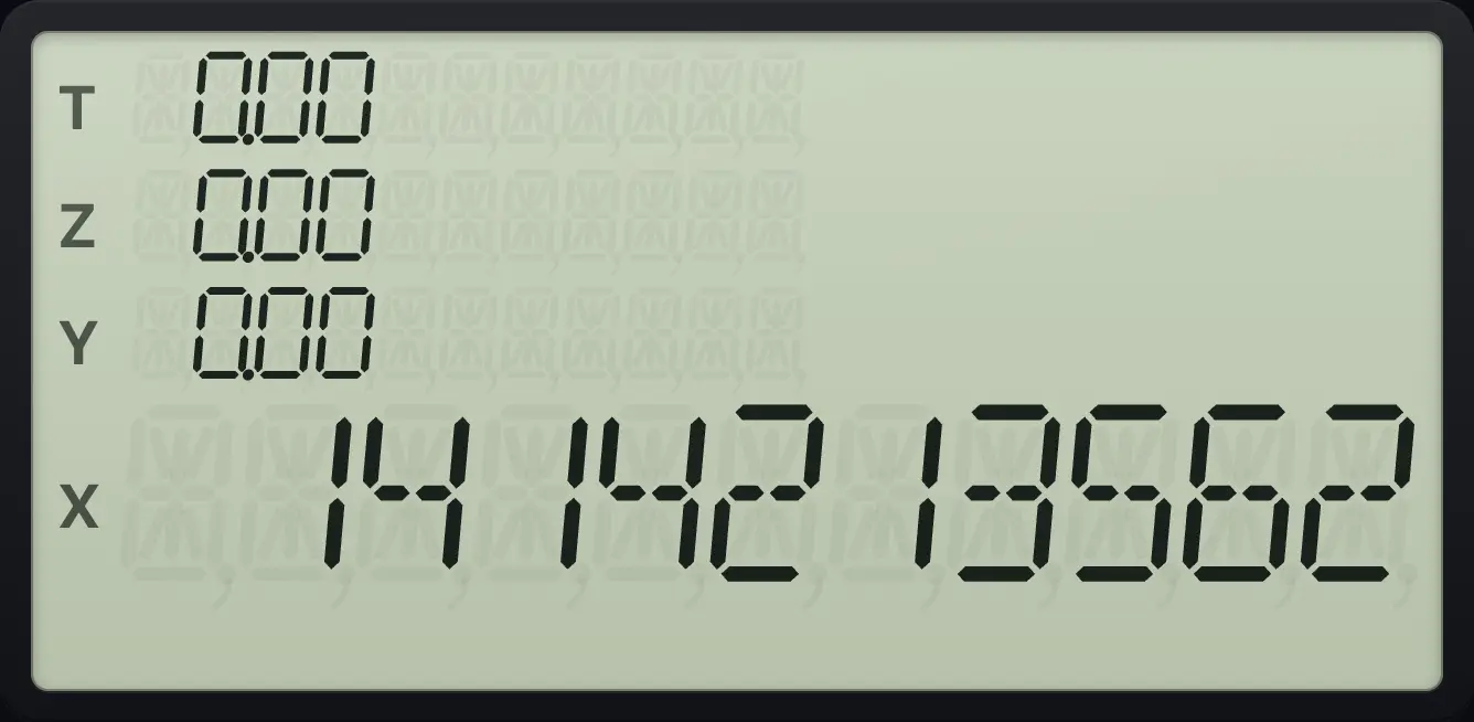 Result of the example "See the digits of the square root of 2" The display shows: 1414213562 / 0.00 / 0.00 / 0.00 / 1.41.