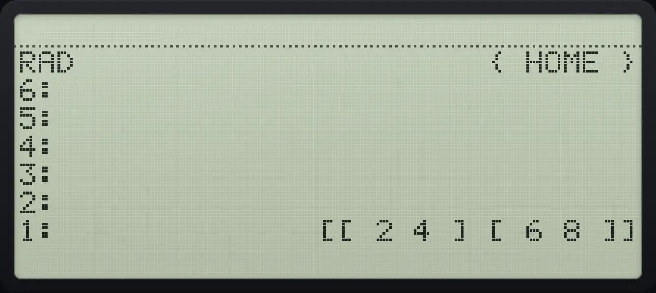 Result of the example "Scale a matrix" The display shows: RAD                      { HOME } / 6: / 5: / 4: / 3: / 2: / 1:              [[ 2 4 ] [ 6 8 ]].