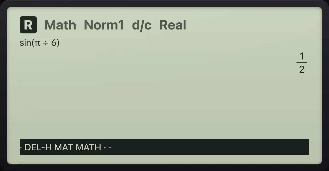 Result of the example "sin(π/6) in radians" The display shows: sin(π÷6) / 1/2 / · DEL-H MAT MATH · ·.