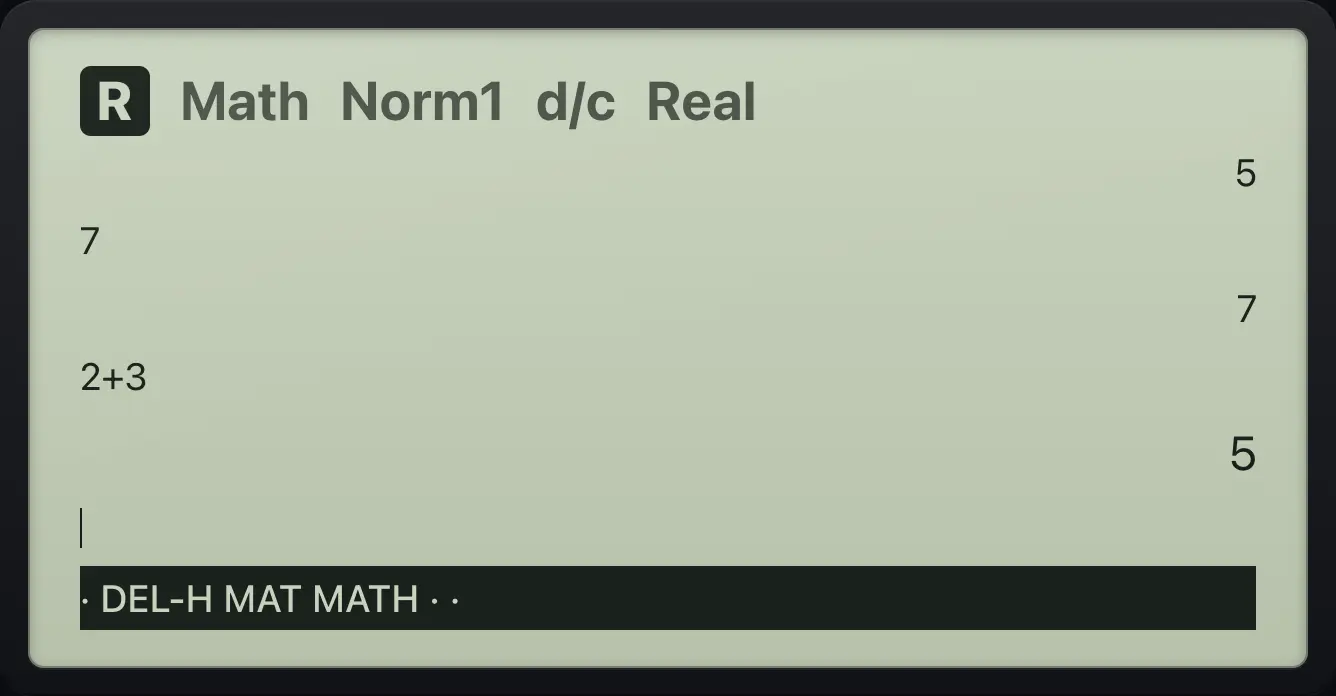 Result of the example "Recall an entry" The display shows: 5 / 7 / 7 / 2+3 / 5 / · DEL-H MAT MATH · ·.