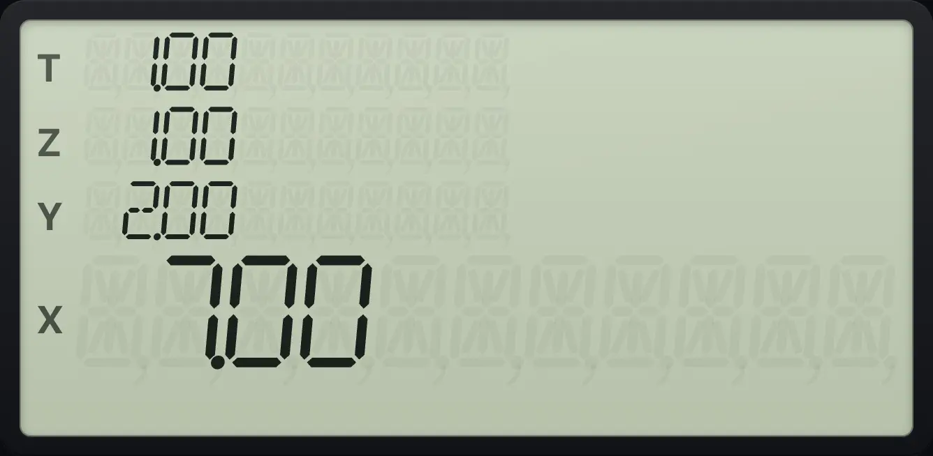 Result of the example "The stack drops after an operation" The display shows: 1.00 / 1.00 / 2.00 / 7.00.