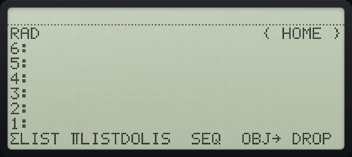 LIST page 3. The display shows: RAD                      { HOME } / 6: / 5: / 4: / 3: / 2: / 1: / ΣLIST ΠLISTDOLIS  SEQ  OBJ→ DROP .