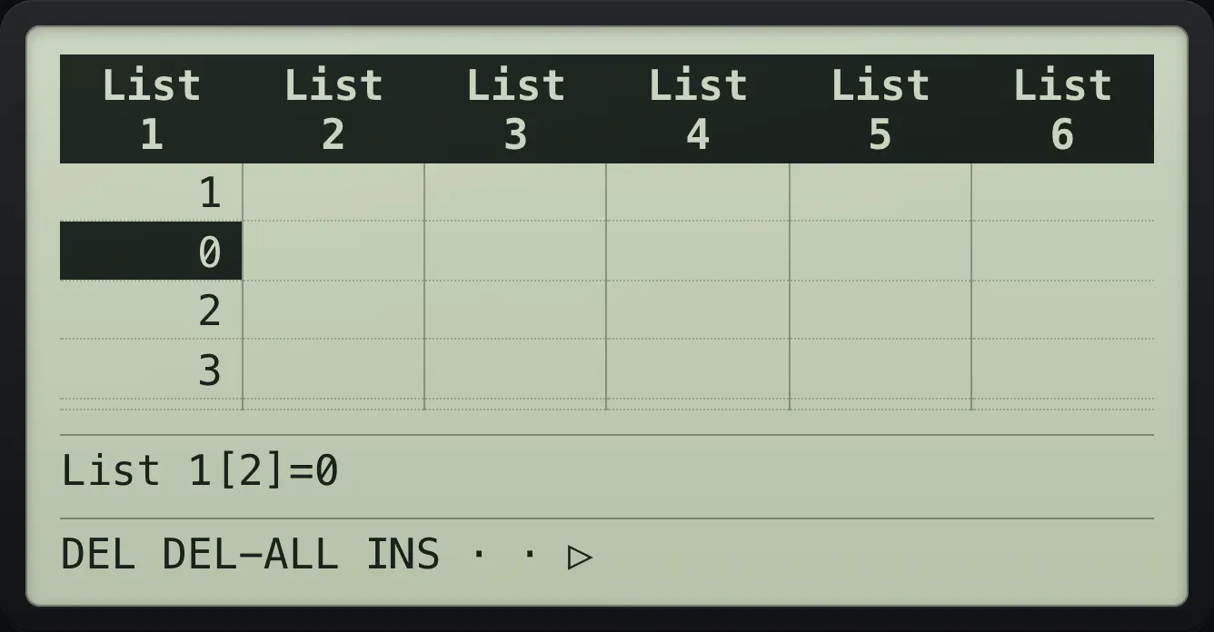 Result of the example "Insert a row" The display shows: List 1 | List 2 | List 3 | List 4 | List 5 | List 6 / 1 |  |  |  |  |  / 0 |  |  |  |  |  / 2 |  |  |  |  |  / 3 |  |  |  |  |  /  |  |  |  |  |  / List 1[2]=0 / DEL DEL-ALL INS · · ▷.