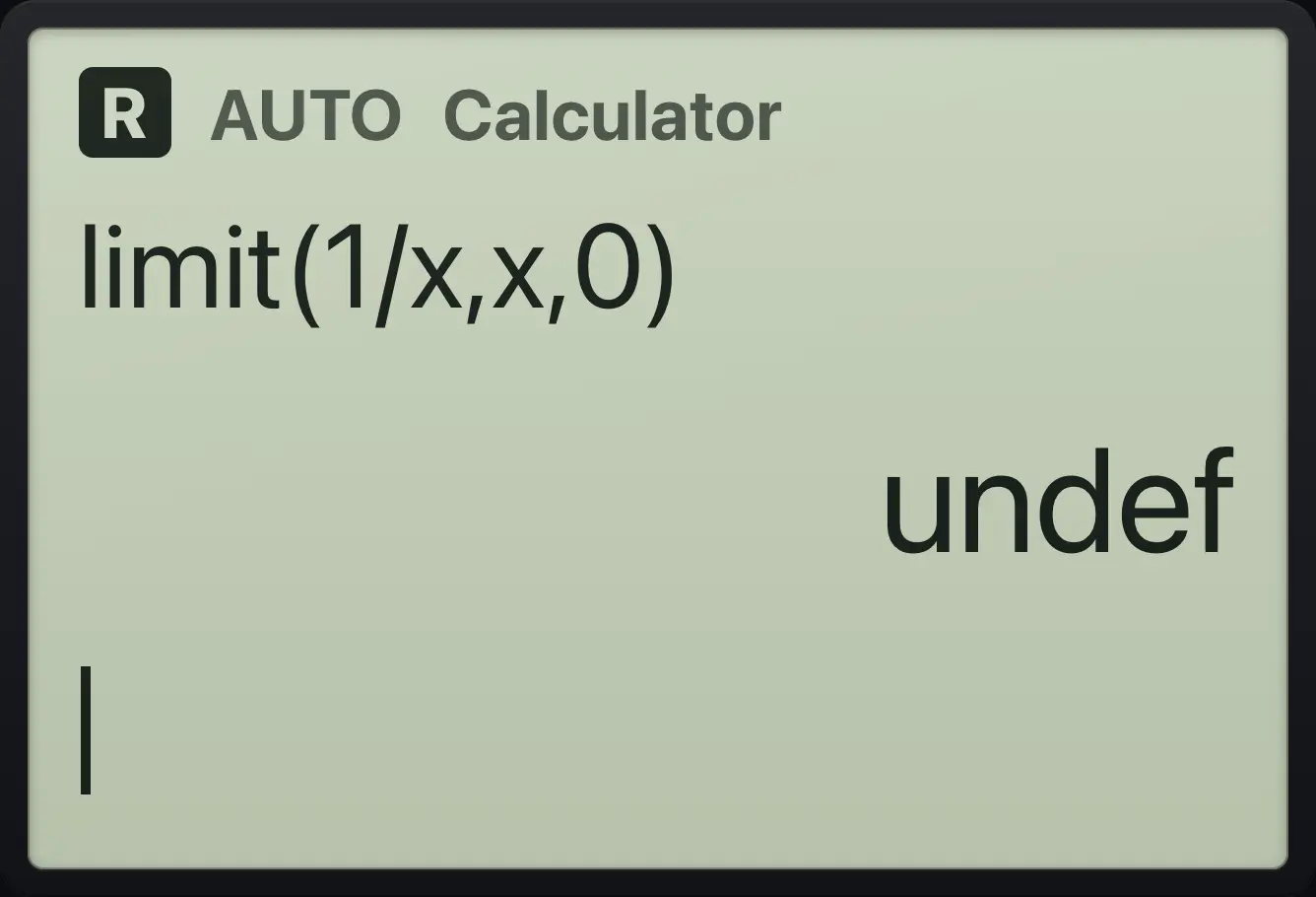 Result of the example "Two-sided limit that does not exist" The display shows: limit(1/x,x,0) / undef.