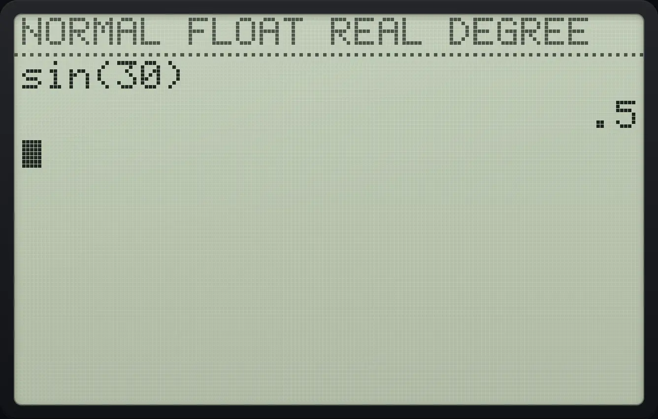 Result of the example "Sine in degrees" The display shows: sin(30) / .5.