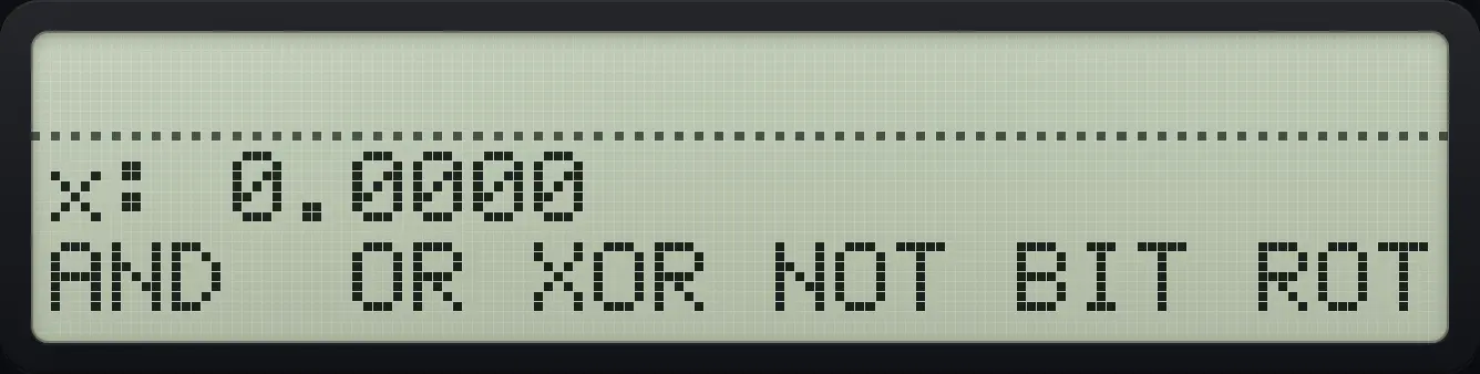 The LOGIC menu. The display shows: x: 0.0000 / AND  OR XOR NOT BIT ROT.