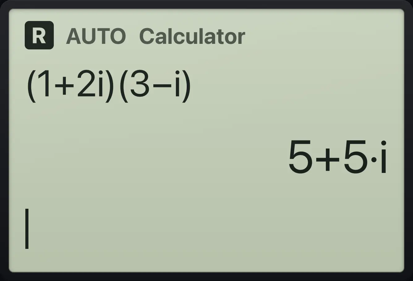 Result of the example "Another product" The display shows: (1+2i)(3βi) / 5+5Β·i.