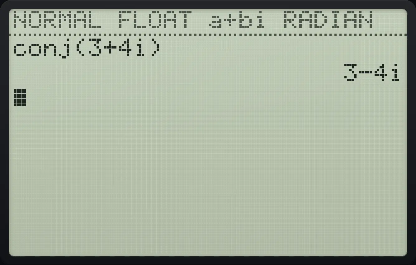 Result of the example "Conjugate" The display shows: conj(3+4i) / 3-4i.