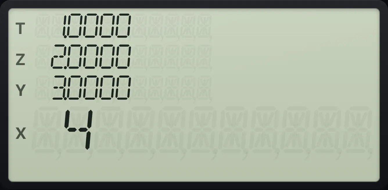 Result of the example "See all four registers" The display shows: 1.0000 / 2.0000 / 3.0000 / 4.0000 / 4.