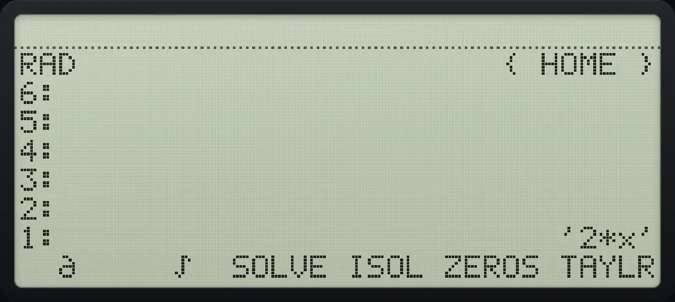 Result of the example "Derivative of x squared" The display shows: RAD                      { HOME } / 6: / 5: / 4: / 3: / 2: / 1:                          '2*x' /   ∂     ∫  SOLVE ISOL ZEROS TAYLR.