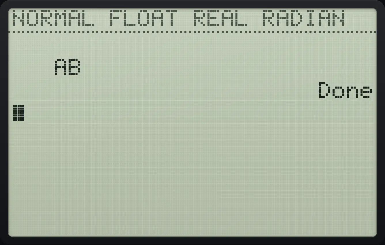 Result of the example "Write at a row and column" The display shows: AB / Done.